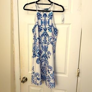 White, blue and light pink dress